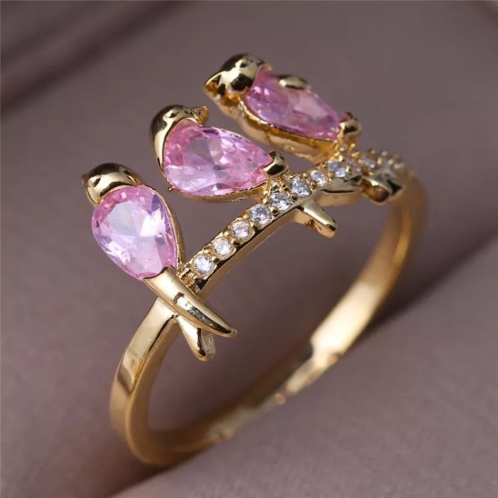 NWT Three Pink Crystal Spring Birds Perched on a Gold Tone Branch Ring Size 7 - Picture 2 of 7